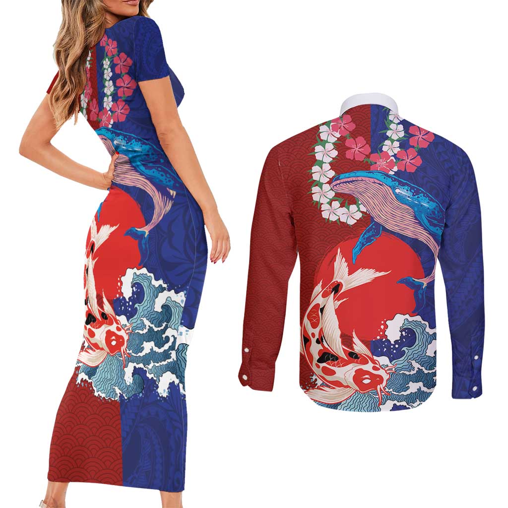 Hawaiian and Japanese Together Couples Matching Short Sleeve Bodycon Dress and Long Sleeve Button Shirt The Whale and Koi Fish with Hinomaru and Lei
