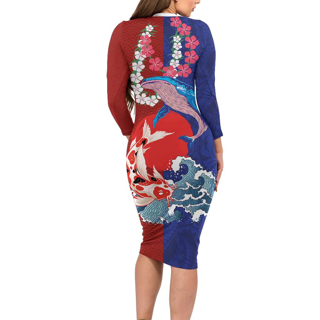 Hawaiian and Japanese Together Family Matching Long Sleeve Bodycon Dress and Hawaiian Shirt The Whale and Koi Fish with Hinomaru and Lei