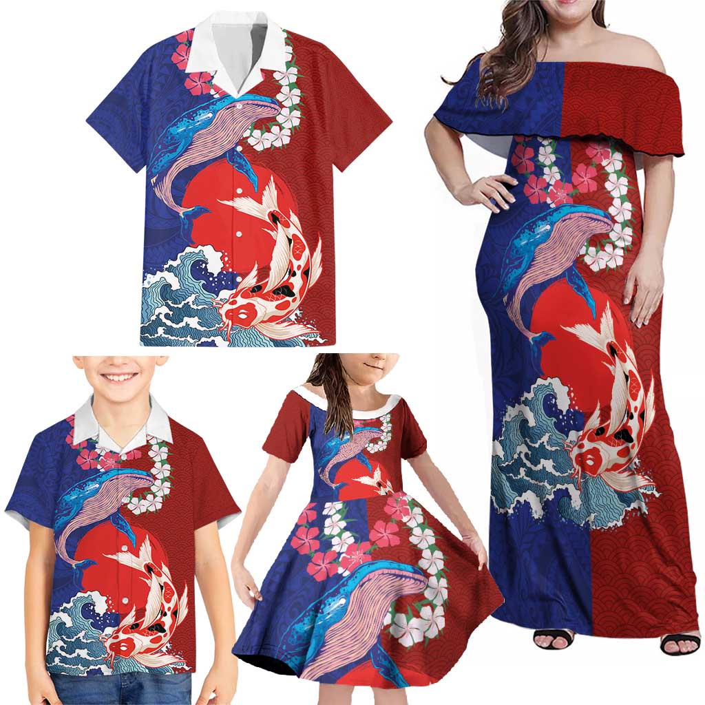 Hawaiian and Japanese Together Family Matching Off Shoulder Maxi Dress and Hawaiian Shirt The Whale and Koi Fish with Hinomaru and Lei
