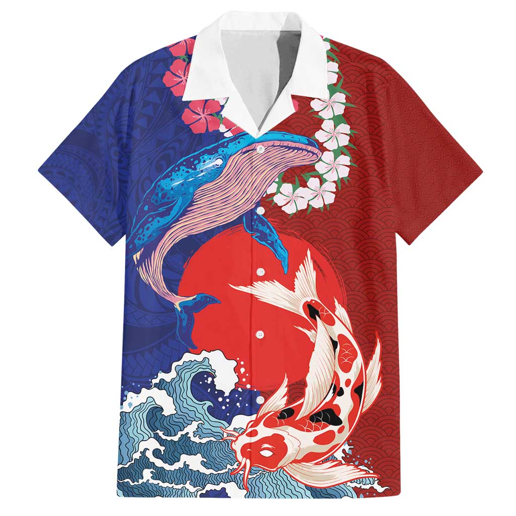 Hawaiian and Japanese Together Family Matching Off Shoulder Maxi Dress and Hawaiian Shirt The Whale and Koi Fish with Hinomaru and Lei