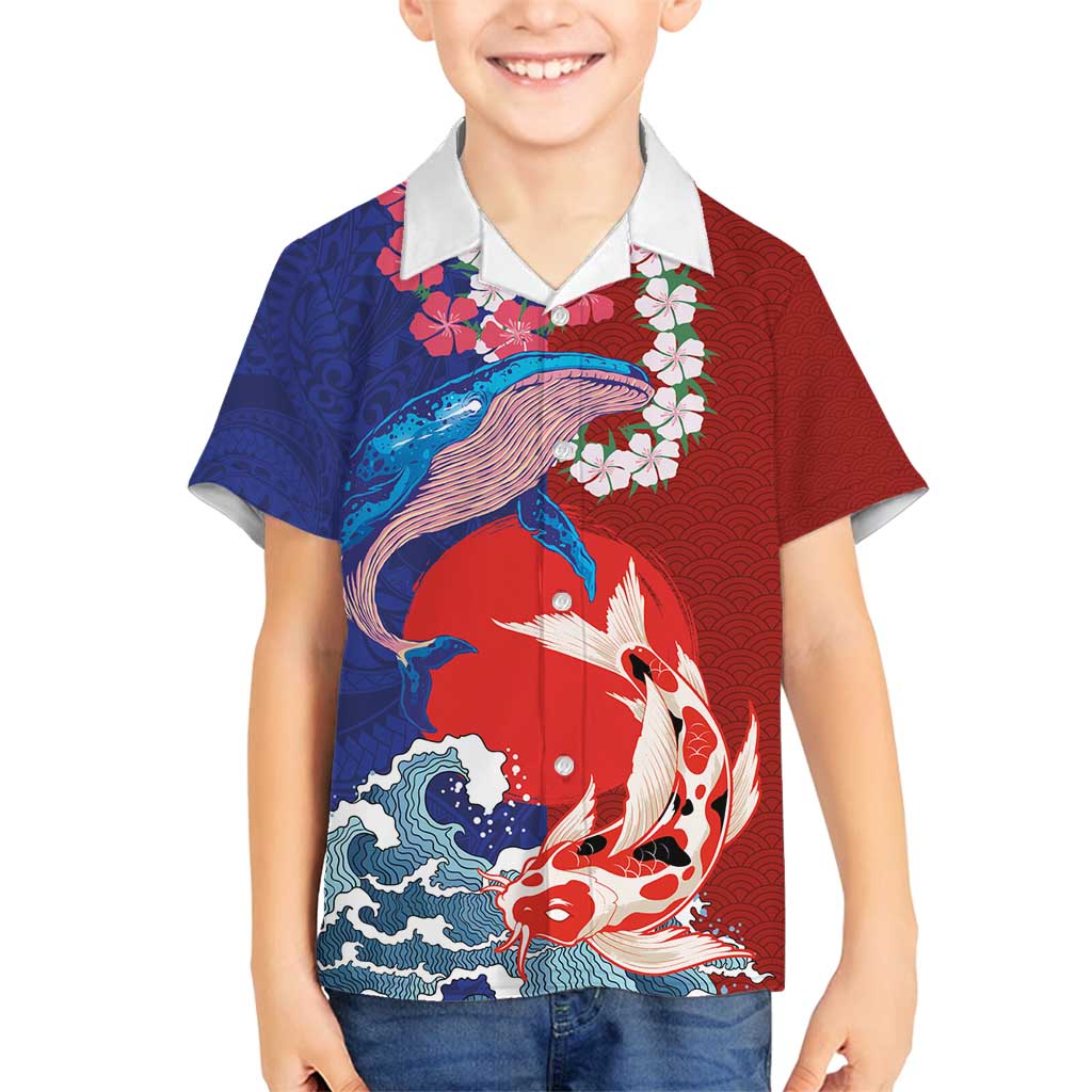 Hawaiian and Japanese Together Family Matching Off Shoulder Short Dress and Hawaiian Shirt The Whale and Koi Fish with Hinomaru and Lei
