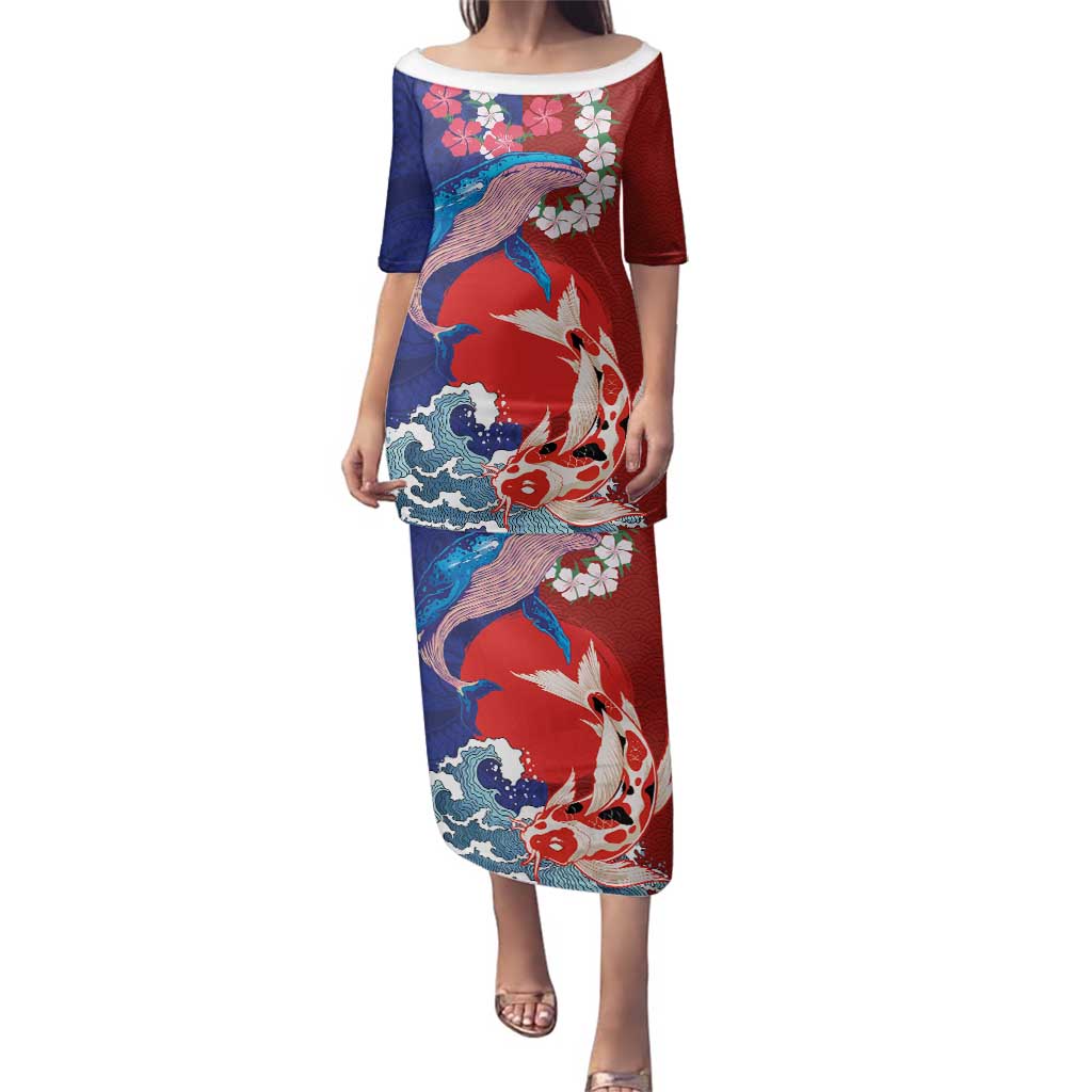 Hawaiian and Japanese Together Family Matching Puletasi and Hawaiian Shirt The Whale and Koi Fish with Hinomaru and Lei