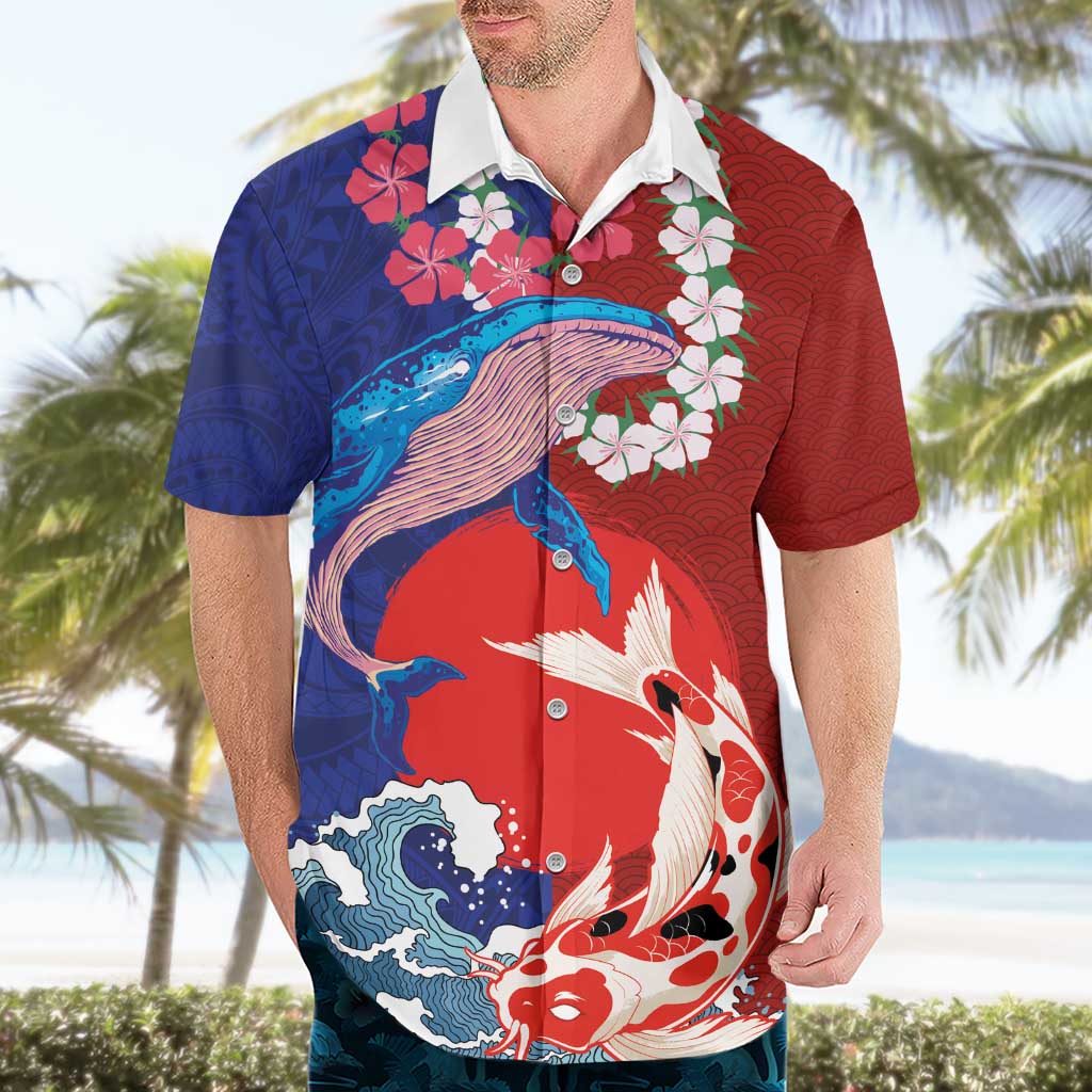 Hawaiian and Japanese Together Hawaiian Shirt The Whale and Koi Fish with Hinomaru and Lei