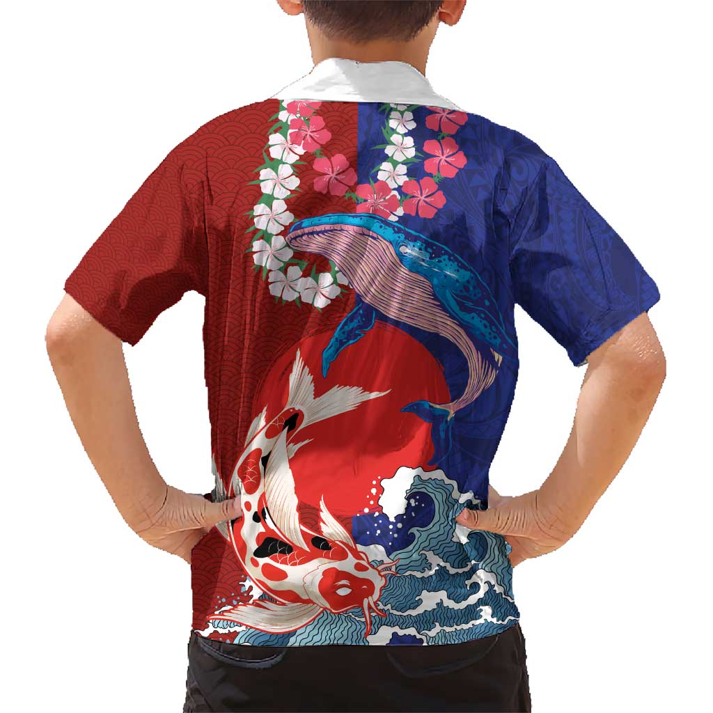 Hawaiian and Japanese Together Hawaiian Shirt The Whale and Koi Fish with Hinomaru and Lei