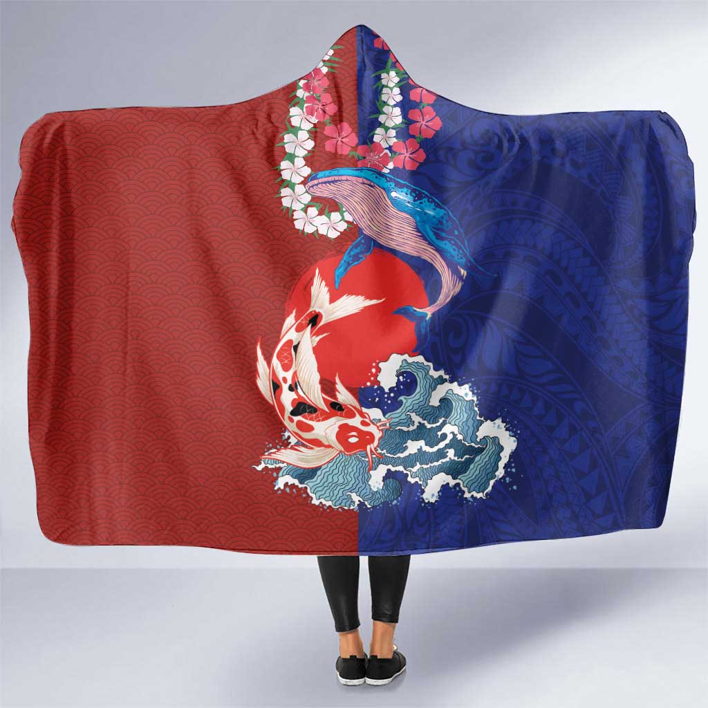 Hawaiian and Japanese Together Hooded Blanket The Whale and Koi Fish with Hinomaru and Lei