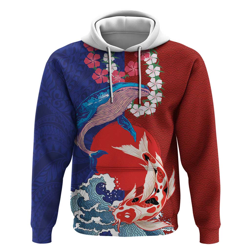 Hawaiian and Japanese Together Hoodie The Whale and Koi Fish with Hinomaru and Lei