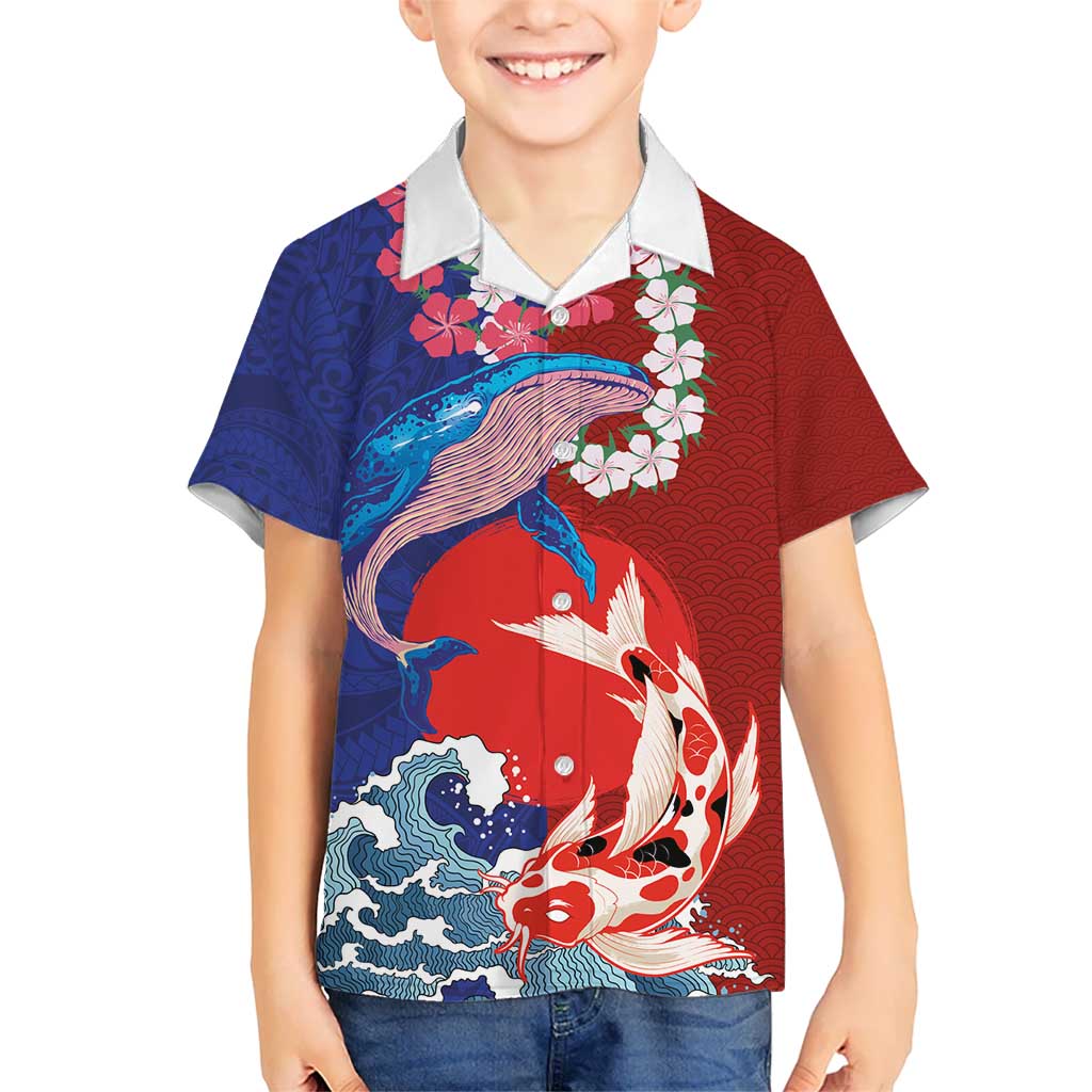 Hawaiian and Japanese Together Kid Hawaiian Shirt The Whale and Koi Fish with Hinomaru and Lei