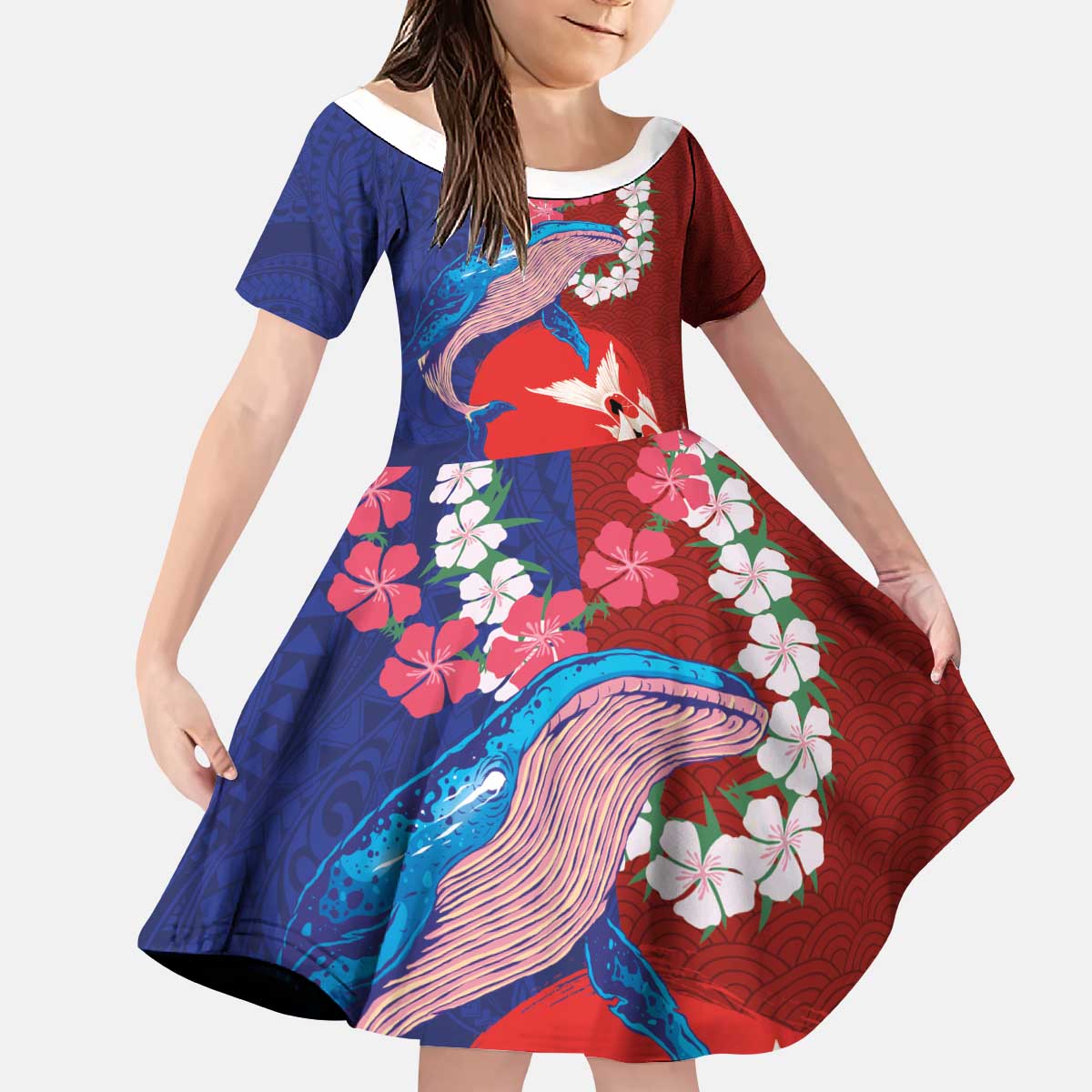 Hawaiian and Japanese Together Kid Short Sleeve Dress The Whale and Koi Fish with Hinomaru and Lei