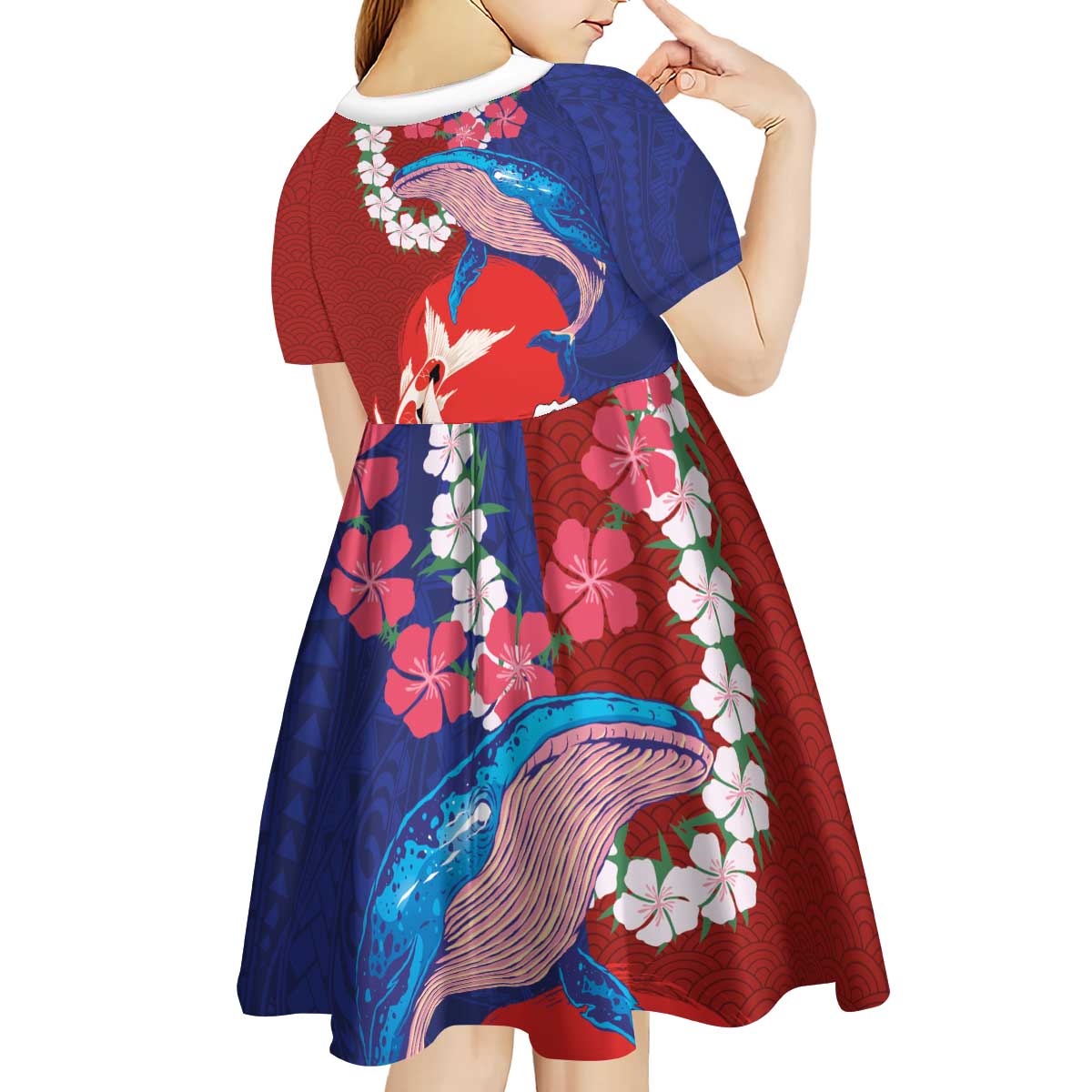 Hawaiian and Japanese Together Kid Short Sleeve Dress The Whale and Koi Fish with Hinomaru and Lei LT03 - Polynesian Pride
