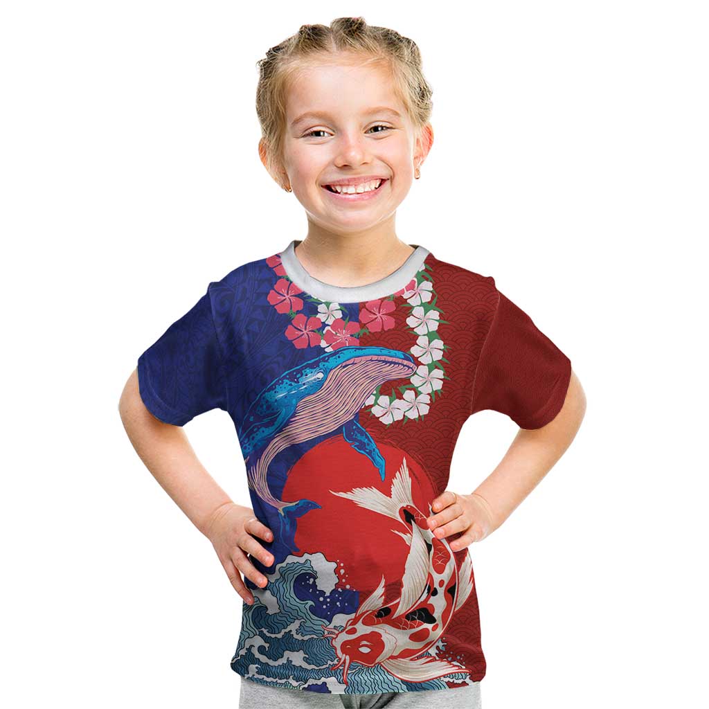 Hawaiian and Japanese Together Kid T Shirt The Whale and Koi Fish with Hinomaru and Lei