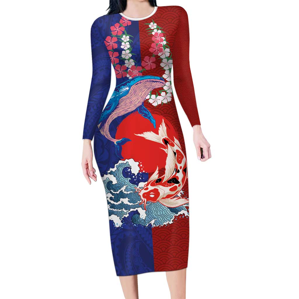 Hawaiian and Japanese Together Long Sleeve Bodycon Dress The Whale and Koi Fish with Hinomaru and Lei