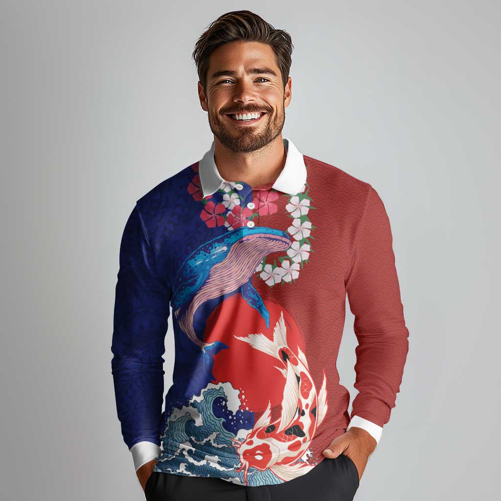 Hawaiian and Japanese Together Long Sleeve Polo Shirt The Whale and Koi Fish with Hinomaru and Lei LT03 - Polynesian Pride
