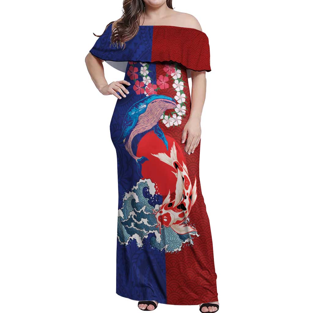 Hawaiian and Japanese Together Off Shoulder Maxi Dress The Whale and Koi Fish with Hinomaru and Lei LT03 Women Blue - Polynesian Pride