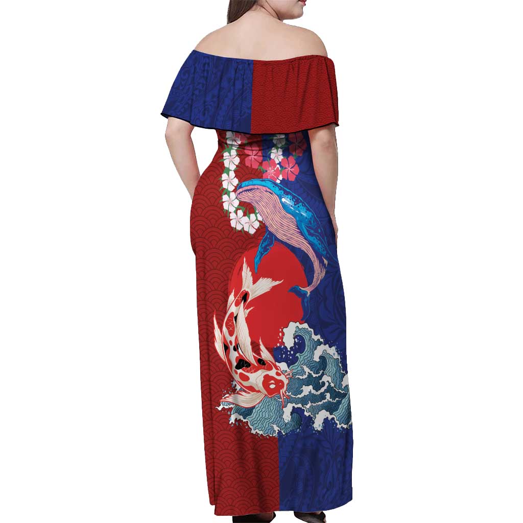 Hawaiian and Japanese Together Off Shoulder Maxi Dress The Whale and Koi Fish with Hinomaru and Lei LT03 - Polynesian Pride