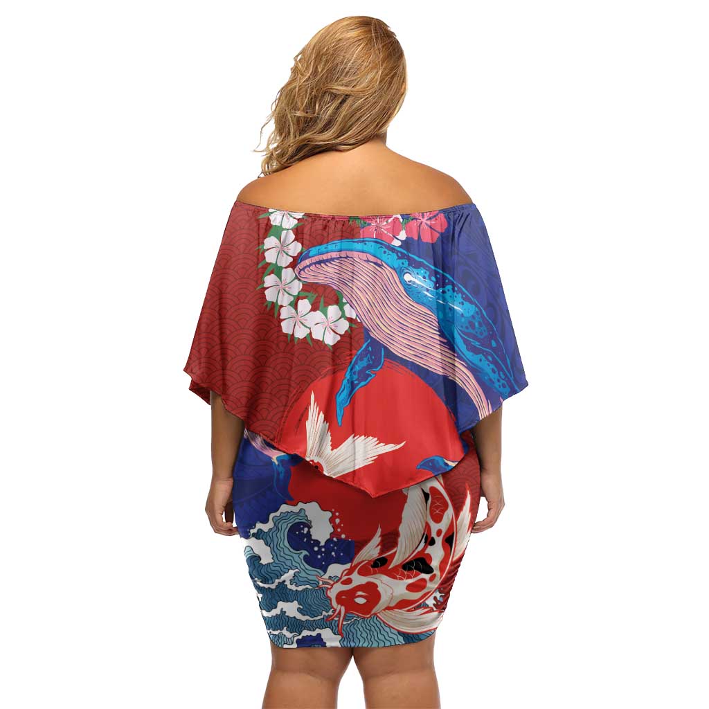 Hawaiian and Japanese Together Off Shoulder Short Dress The Whale and Koi Fish with Hinomaru and Lei LT03 - Polynesian Pride