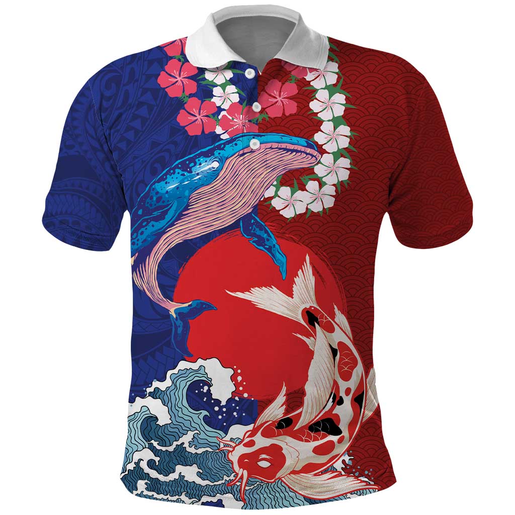 Hawaiian and Japanese Together Polo Shirt The Whale and Koi Fish with Hinomaru and Lei