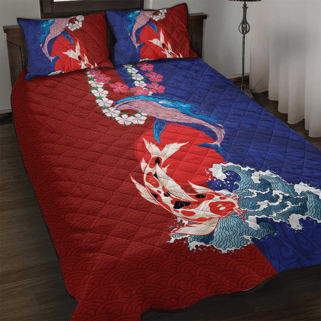 Hawaiian and Japanese Together Quilt Bed Set The Whale and Koi Fish with Hinomaru and Lei