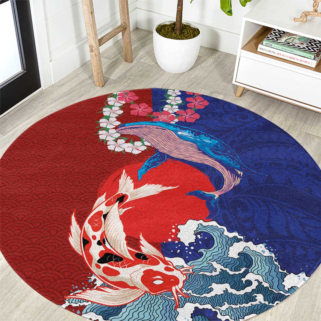 Hawaiian and Japanese Together Round Carpet The Whale and Koi Fish with Hinomaru and Lei