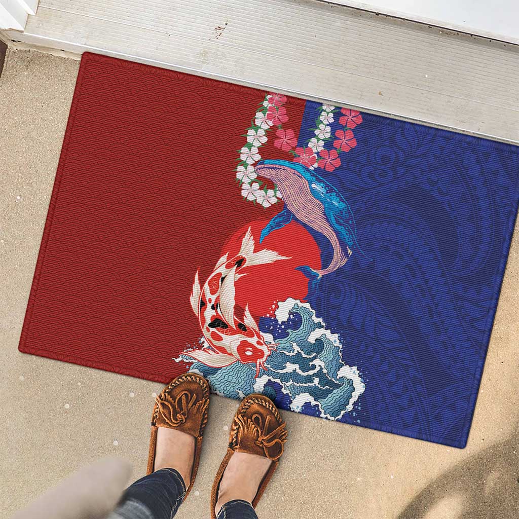 Hawaiian and Japanese Together Rubber Doormat The Whale and Koi Fish with Hinomaru and Lei