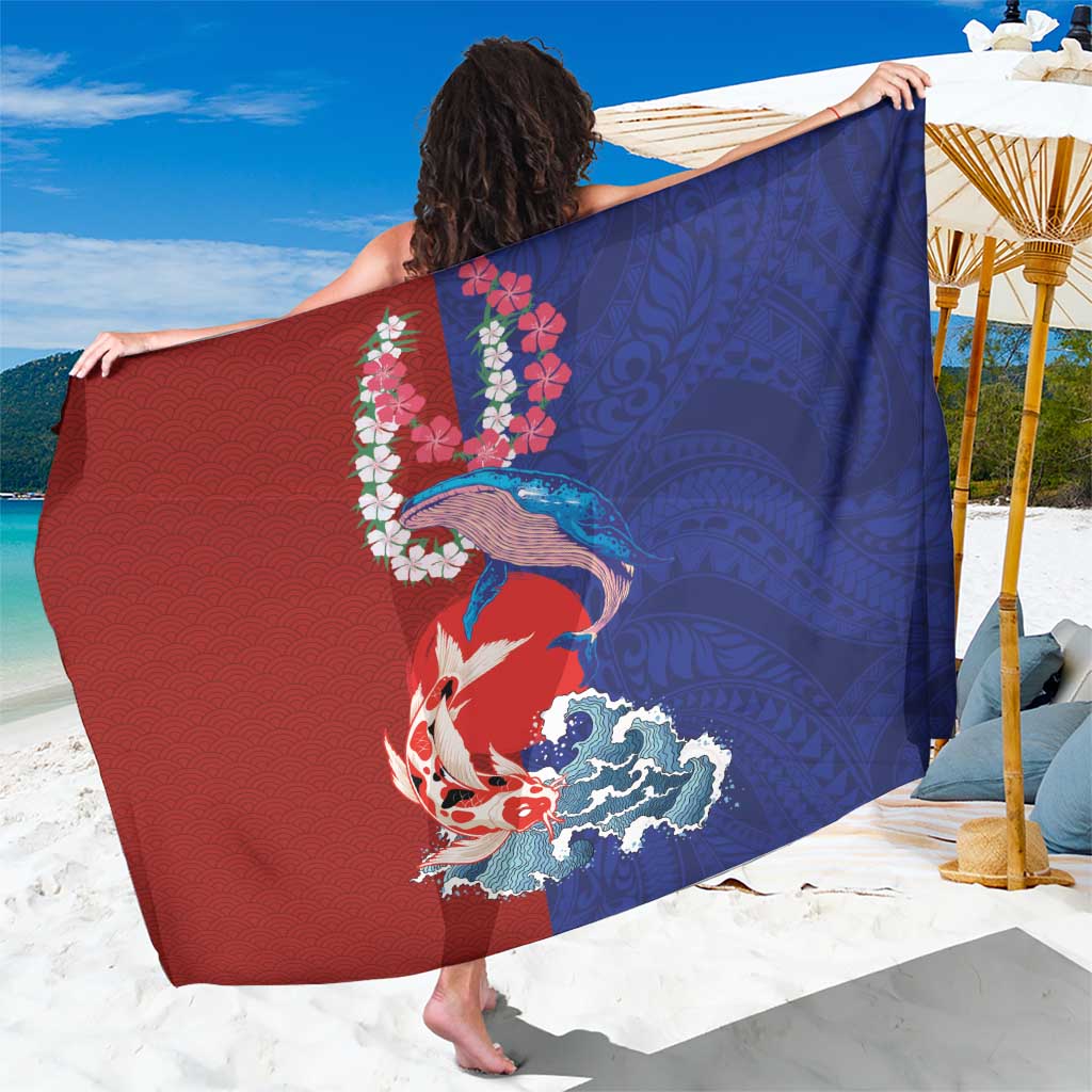 Hawaiian and Japanese Together Sarong The Whale and Koi Fish with Hinomaru and Lei