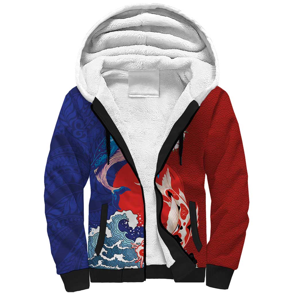 Hawaiian and Japanese Together Sherpa Hoodie The Whale and Koi Fish with Hinomaru and Lei