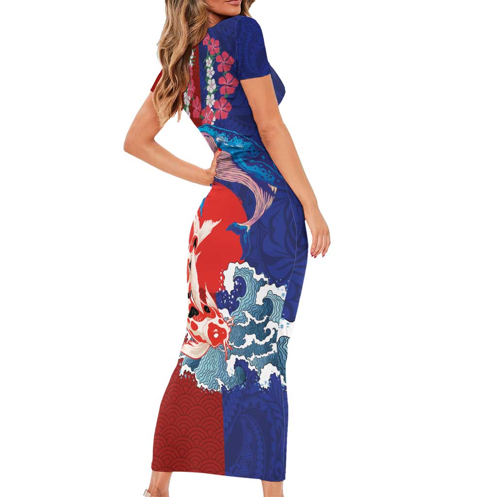 Hawaiian and Japanese Together Short Sleeve Bodycon Dress The Whale and Koi Fish with Hinomaru and Lei LT03 - Polynesian Pride