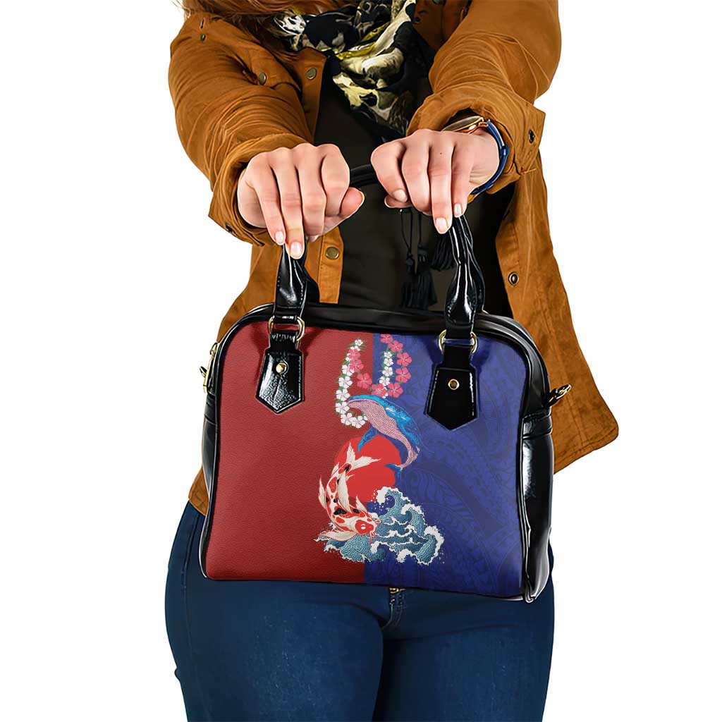 Hawaiian and Japanese Together Shoulder Handbag The Whale and Koi Fish with Hinomaru and Lei