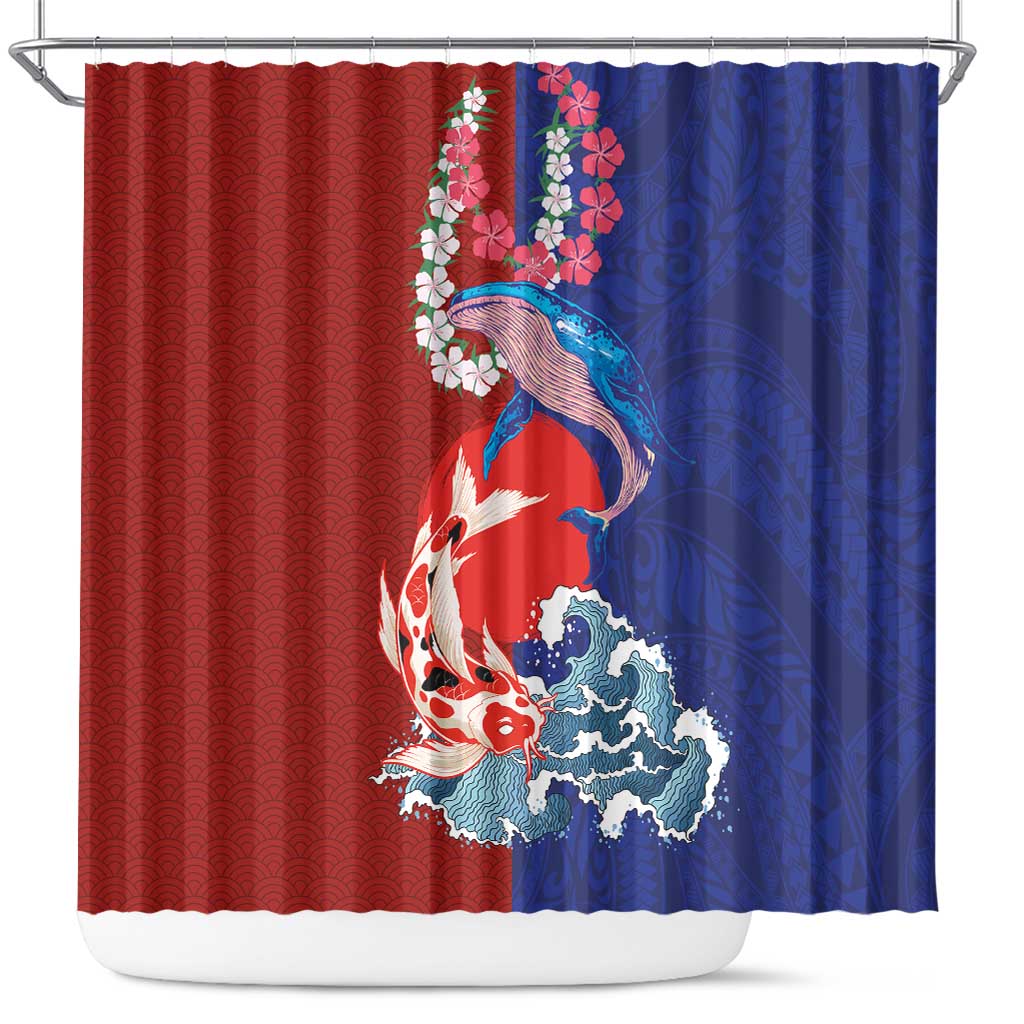 Hawaiian and Japanese Together Shower Curtain The Whale and Koi Fish with Hinomaru and Lei