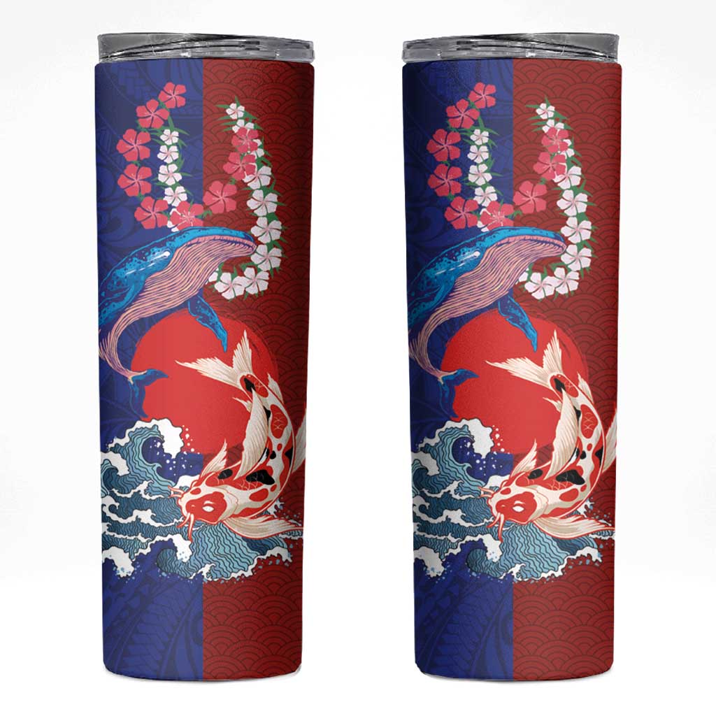 Hawaiian and Japanese Together Skinny Tumbler The Whale and Koi Fish with Hinomaru and Lei