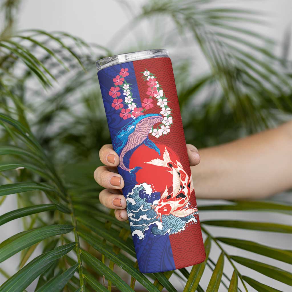 Hawaiian and Japanese Together Skinny Tumbler The Whale and Koi Fish with Hinomaru and Lei