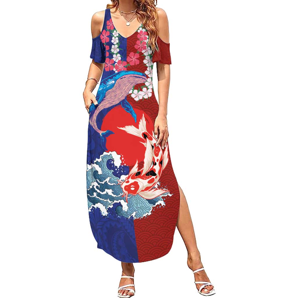 Hawaiian and Japanese Together Summer Maxi Dress The Whale and Koi Fish with Hinomaru and Lei