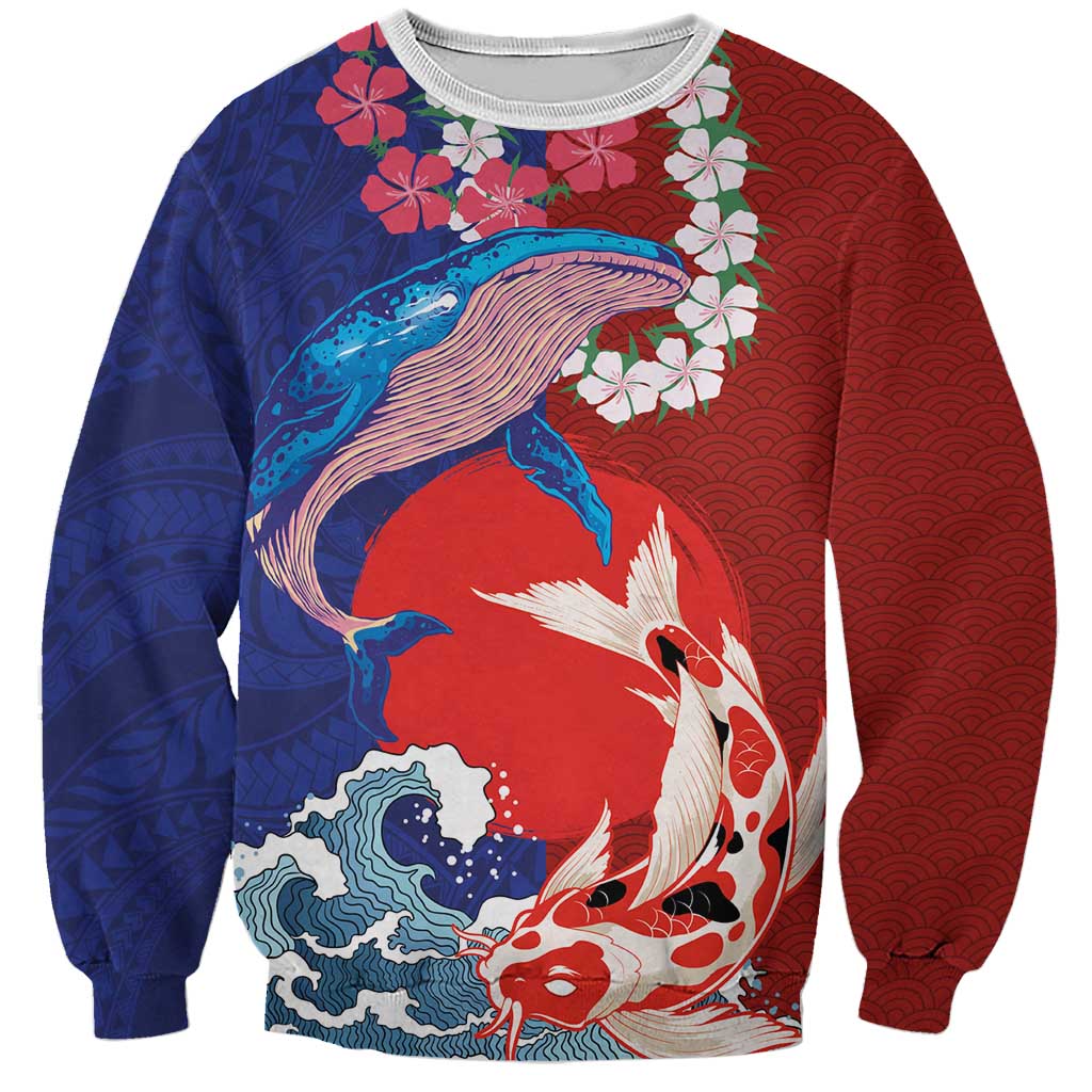 Hawaiian and Japanese Together Sweatshirt The Whale and Koi Fish with Hinomaru and Lei