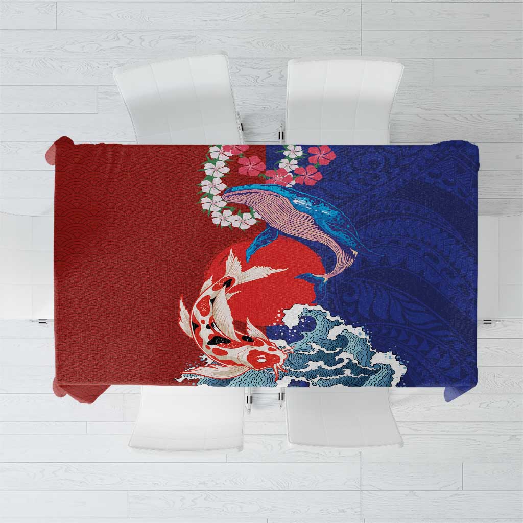 Hawaiian and Japanese Together Tablecloth The Whale and Koi Fish with Hinomaru and Lei