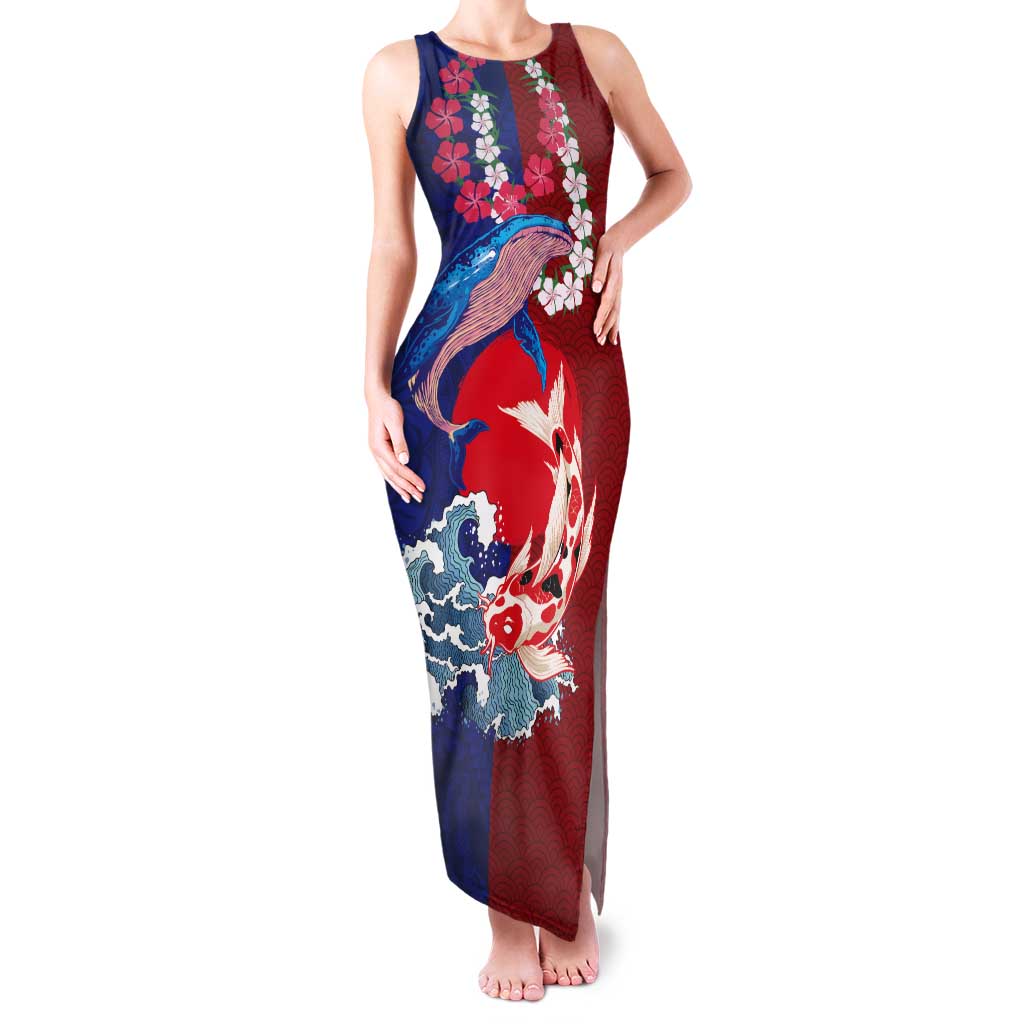 Hawaiian and Japanese Together Tank Maxi Dress The Whale and Koi Fish with Hinomaru and Lei LT03 Women Blue - Polynesian Pride