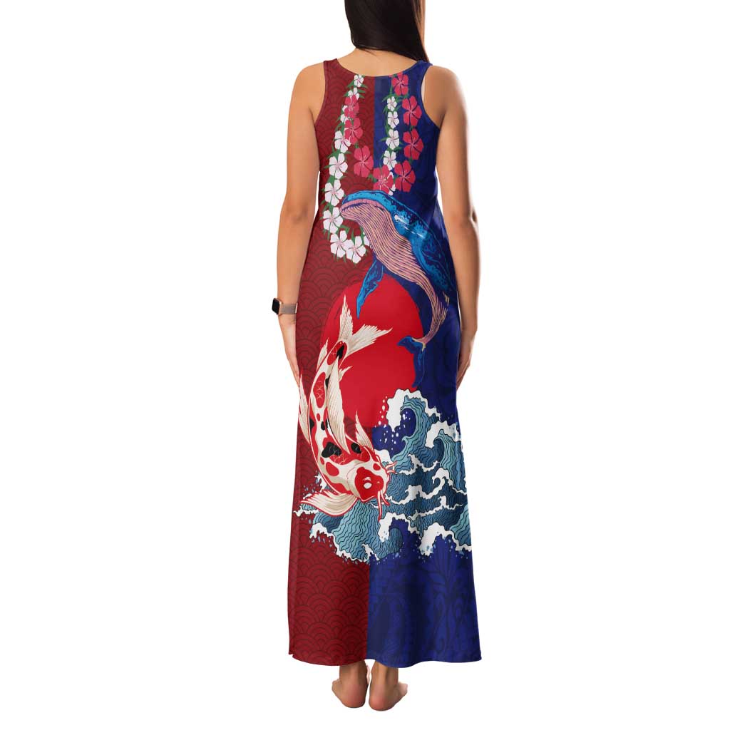 Hawaiian and Japanese Together Tank Maxi Dress The Whale and Koi Fish with Hinomaru and Lei LT03 - Polynesian Pride