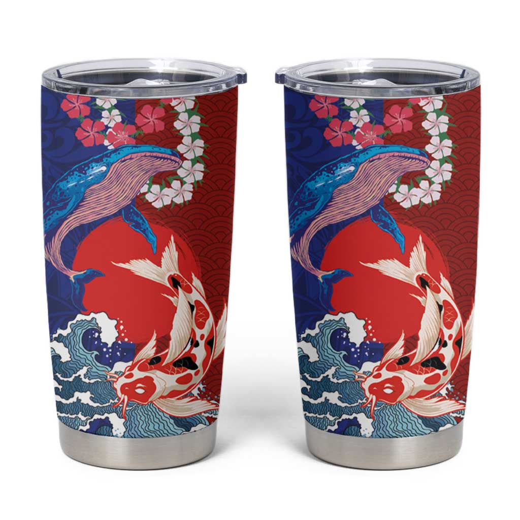 Hawaiian and Japanese Together Tumbler Cup The Whale and Koi Fish with Hinomaru and Lei