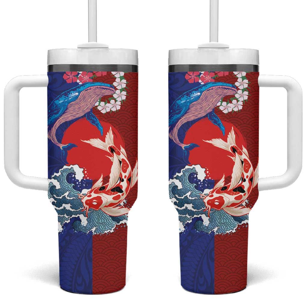 Hawaiian and Japanese Together Tumbler With Handle The Whale and Koi Fish with Hinomaru and Lei