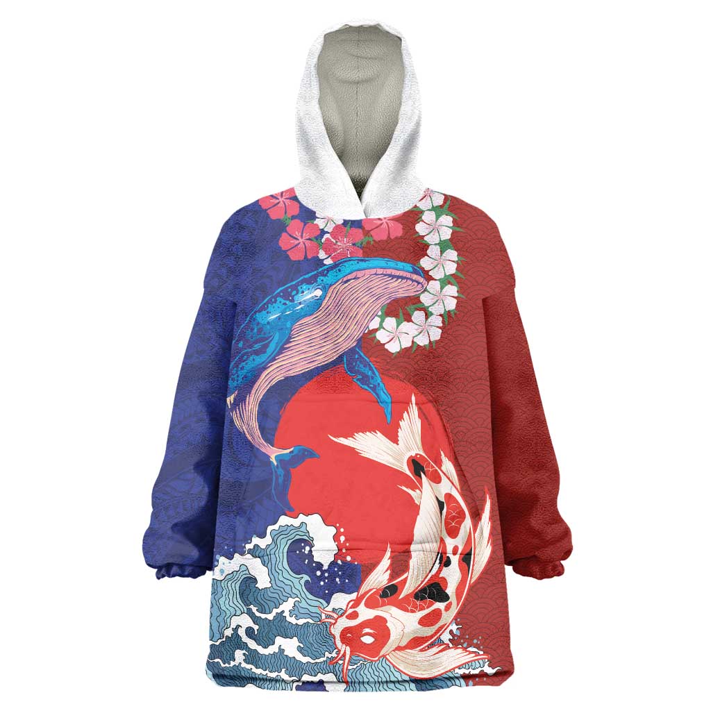 Hawaiian and Japanese Together Wearable Blanket Hoodie The Whale and Koi Fish with Hinomaru and Lei