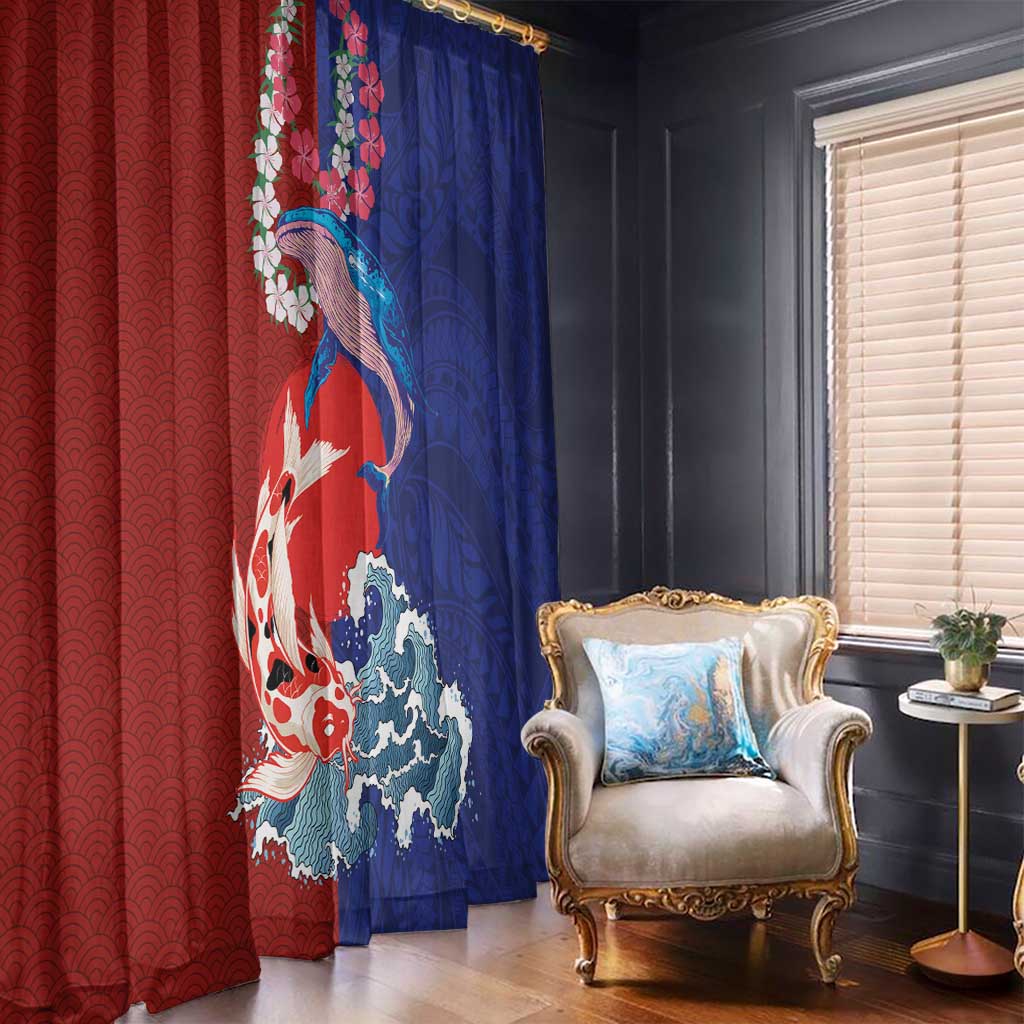 Hawaiian and Japanese Together Window Curtain The Whale and Koi Fish with Hinomaru and Lei