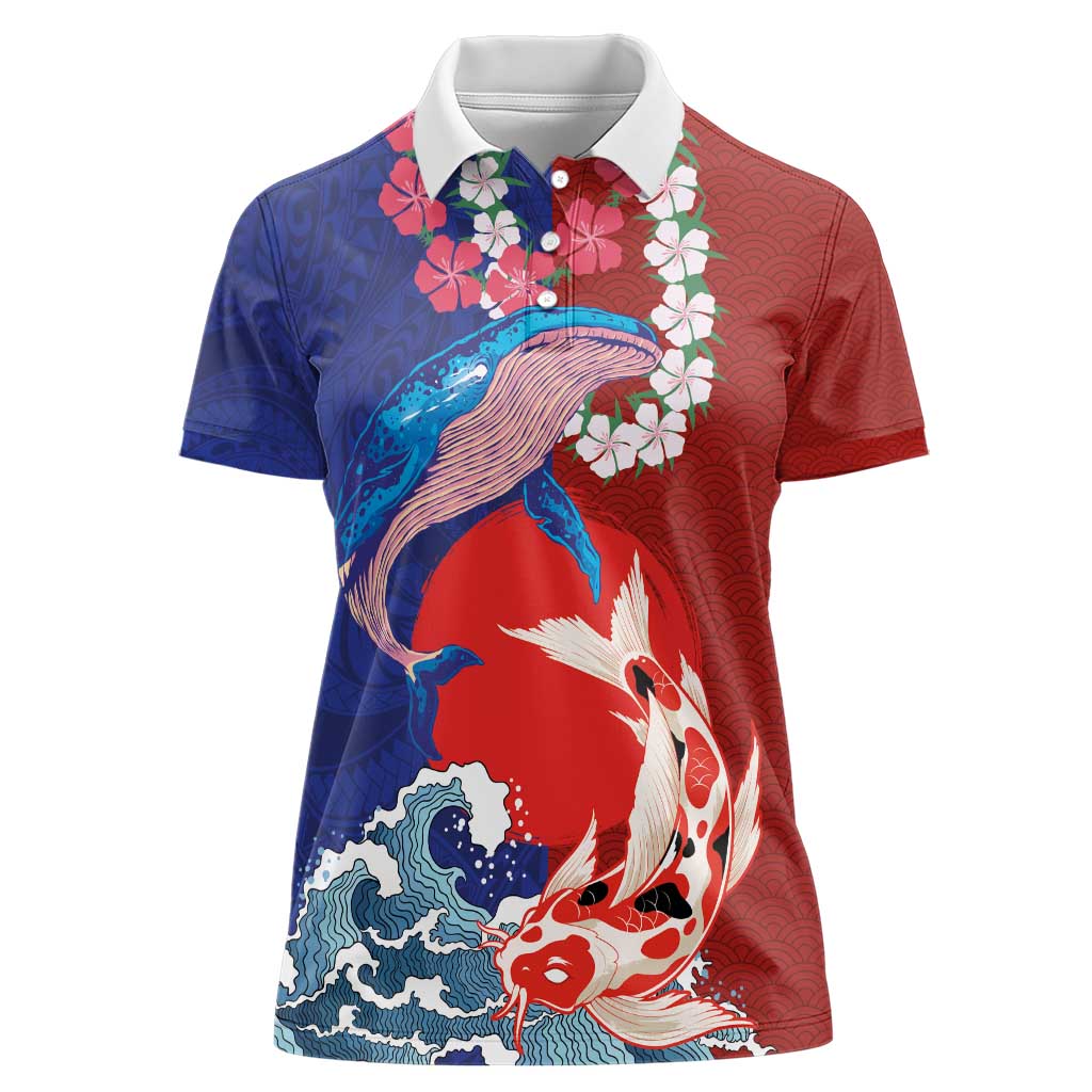 Hawaiian and Japanese Together Women Polo Shirt The Whale and Koi Fish with Hinomaru and Lei