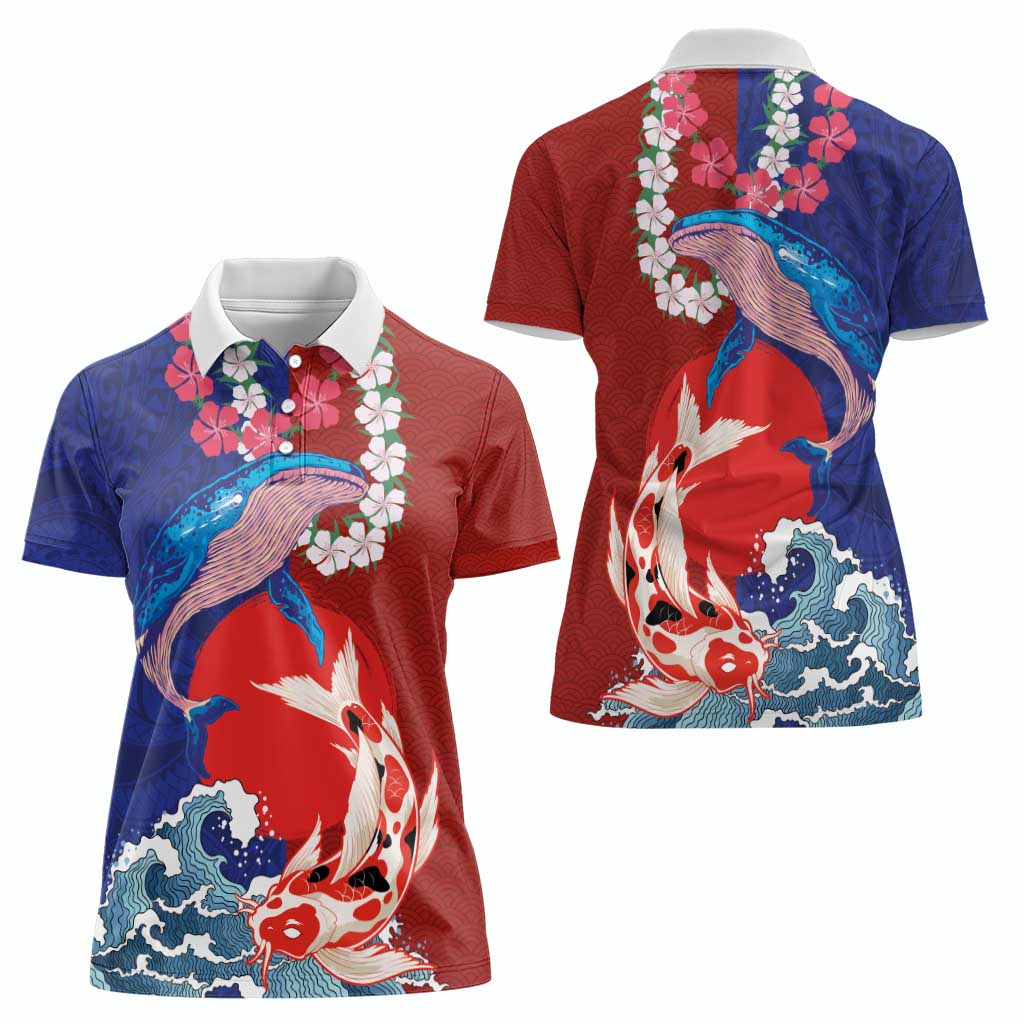 Hawaiian and Japanese Together Women Polo Shirt The Whale and Koi Fish with Hinomaru and Lei LT03 - Polynesian Pride