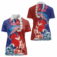 Hawaiian and Japanese Together Women Polo Shirt The Whale and Koi Fish with Hinomaru and Lei LT03 - Polynesian Pride
