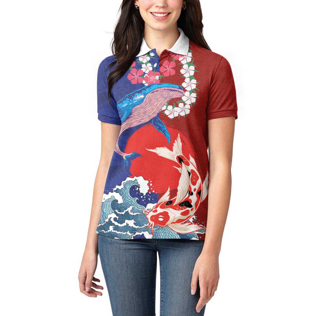 Hawaiian and Japanese Together Women Polo Shirt The Whale and Koi Fish with Hinomaru and Lei LT03 - Polynesian Pride
