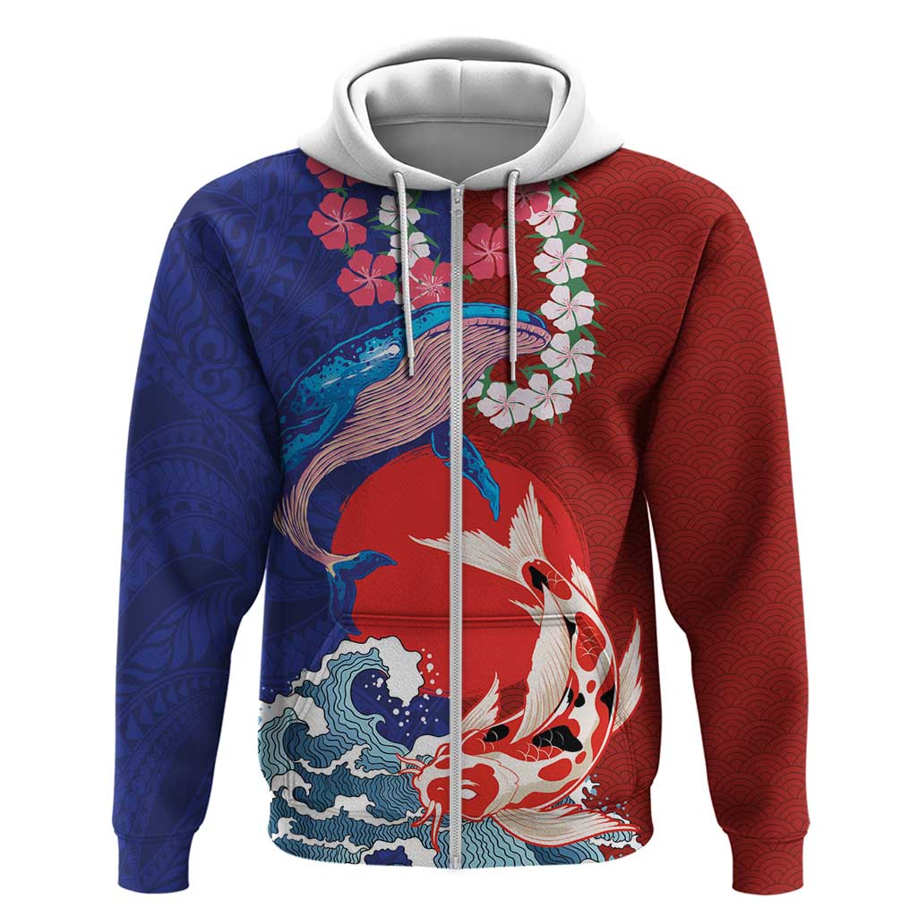 Hawaiian and Japanese Together Zip Hoodie The Whale and Koi Fish with Hinomaru and Lei