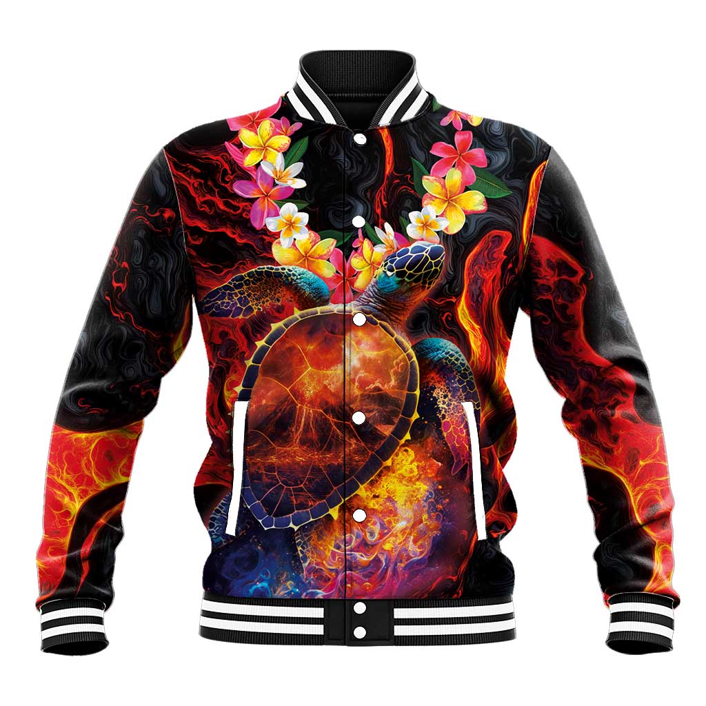 Hawaiian Turtle with Volcanic Eruption Baseball Jacket Hibiscus Lei and Lava Flow an Abstract Texture