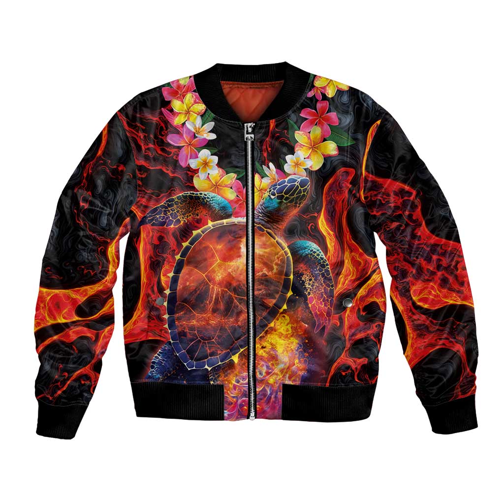 Hawaiian Turtle with Volcanic Eruption Bomber Jacket Hibiscus Lei and Lava Flow an Abstract Texture