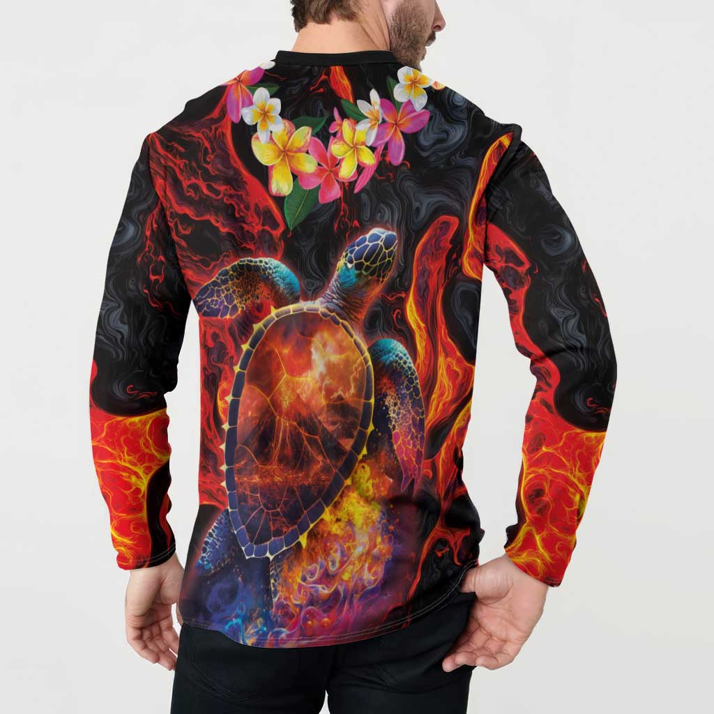 Hawaiian Turtle with Volcanic Eruption Button Sweatshirt Hibiscus Lei and Lava Flow an Abstract Texture