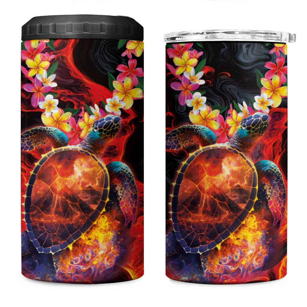 Hawaiian Turtle with Volcanic Eruption 4 in 1 Can Cooler Tumbler Hibiscus Lei and Lava Flow an Abstract Texture