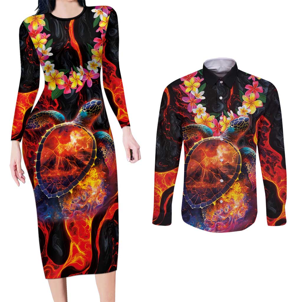 Hawaiian Turtle with Volcanic Eruption Couples Matching Long Sleeve Bodycon Dress and Long Sleeve Button Shirt Hibiscus Lei and Lava Flow an Abstract Texture