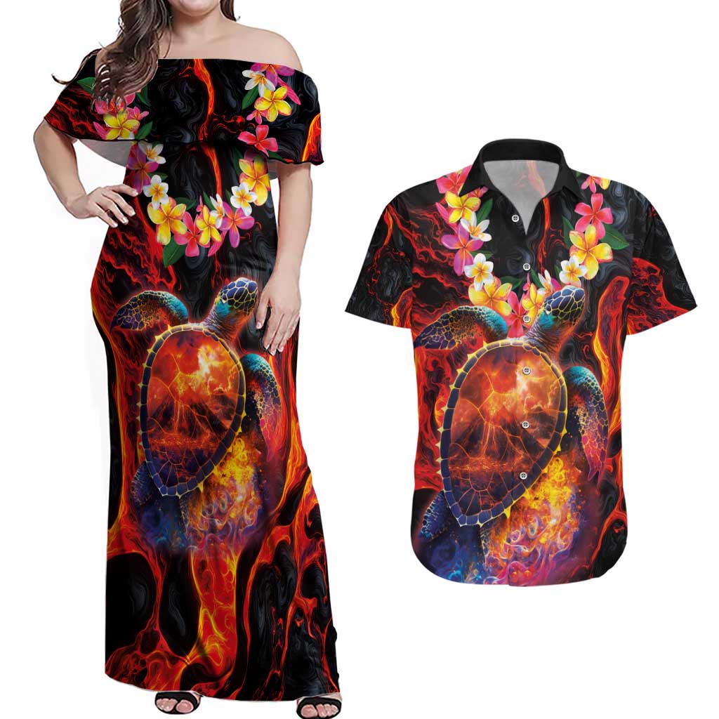 Hawaiian Turtle with Volcanic Eruption Couples Matching Off Shoulder Maxi Dress and Hawaiian Shirt Hibiscus Lei and Lava Flow an Abstract Texture